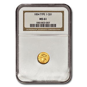 Numismatic Gold Coin. 1854 $1 Gold Coin Type 1. Graded MS 61 By NGC