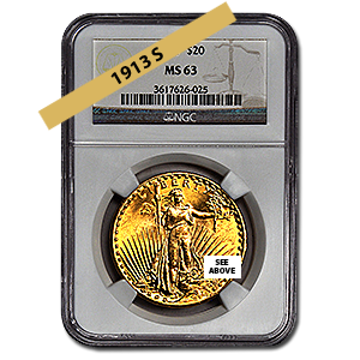 Picture of 1913S $20 Gold Saint Gaudens Double Eagle Coin MS63*