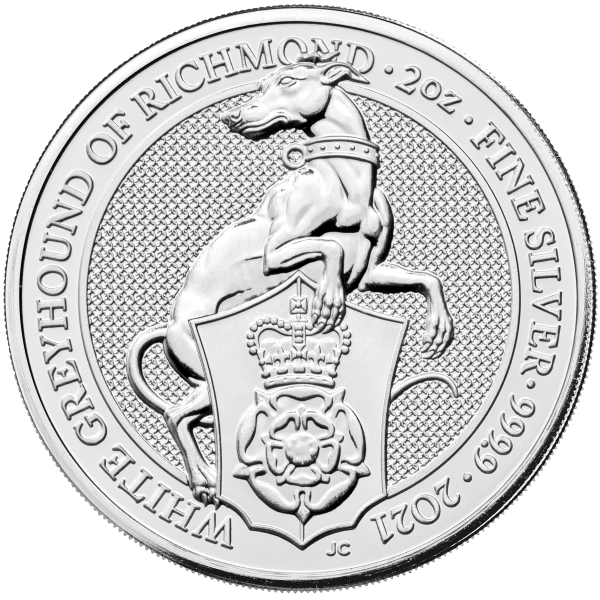 2021 2 oz silver queens beast white greyhound of richmond coin, silver bullion, silver coin, silver bullion coin
