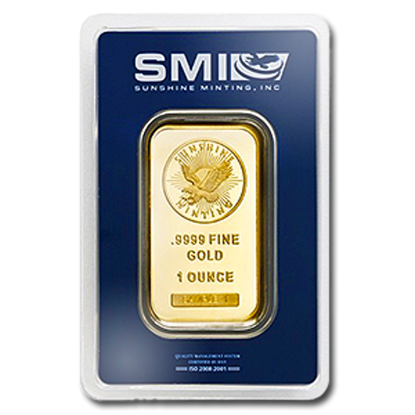 1 oz sunshine gold bar w/ assay, gold bullion, gold bar, gold bullion bar
