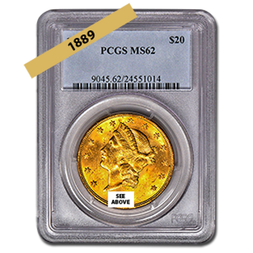 Picture of 1889 $20 Gold Liberty Double Eagle Coin MS62  