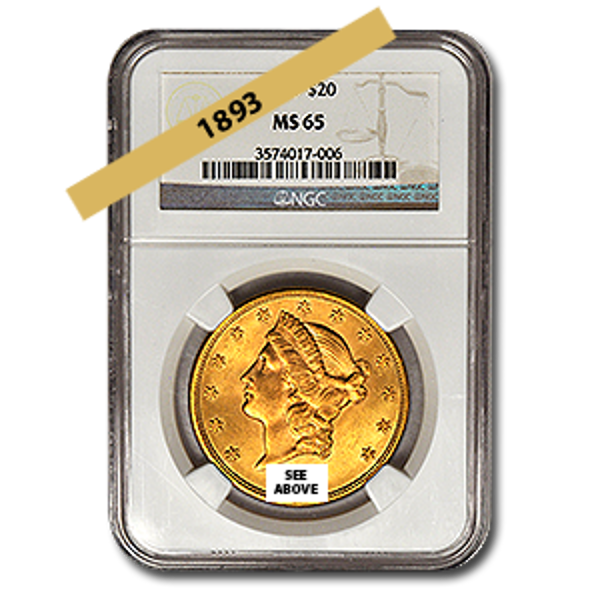 Picture of 1893 $20 Gold Liberty Double Eagle Coin MS65
