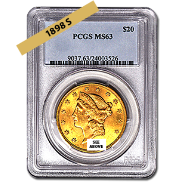 Picture of 1898S $20 Gold Liberty Double Eagle Coin MS63*