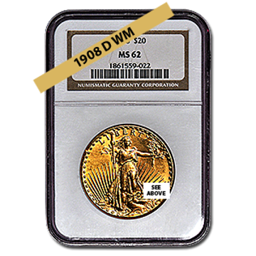 Picture of 1908DWM $20 Gold Saint Gaudens Double Eagle Coin MS62