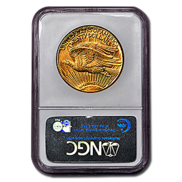 Picture of 1909/8 $20 Gold Saint Gaudens Double Eagle Coin MS62 