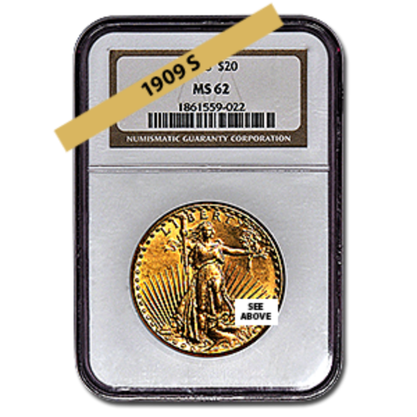 Picture of 1909S $20 Gold Saint Gaudens Double Eagle Coin MS62  