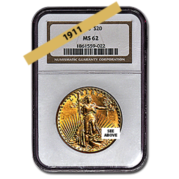 Picture of 1911 $20 Gold Saint Gaudens Double Eagle Coin MS62 