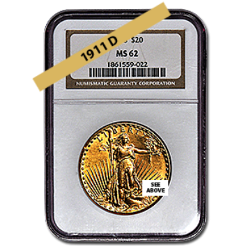 Picture of 1911D $20 Gold Saint Gaudens Double Eagle Coin MS62 