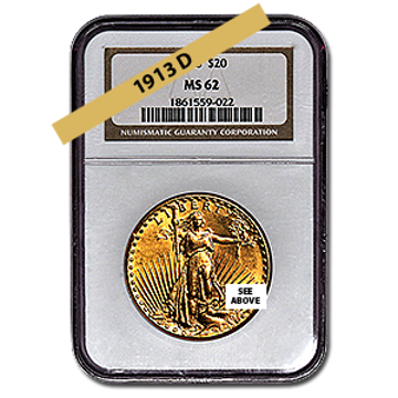 Picture of 1913D $20 Gold Saint Gaudens Double Eagle Coin MS62*