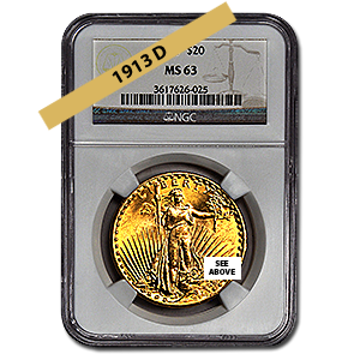 Picture of 1913D $20 Gold Saint Gaudens Double Eagle Coin MS63