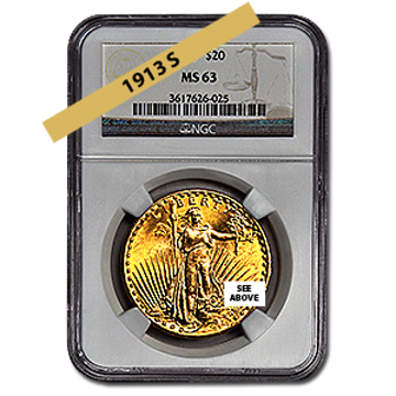 Picture of 1913S $20 Gold Saint Gaudens Double Eagle Coin MS63 