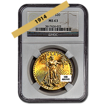 Picture of 1914 $20 Gold Saint Gaudens Double Eagle Coin MS63 *