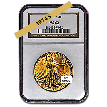 Picture of 1914S $20 Gold Saint Gaudens Double Eagle Coin MS62   