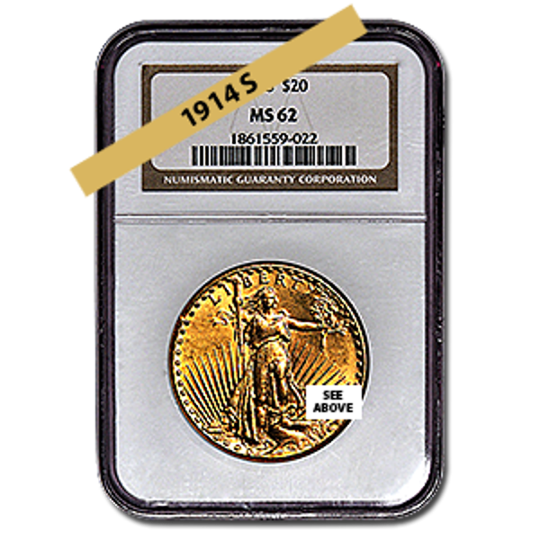 Picture of 1914S $20 Gold Saint Gaudens Double Eagle Coin MS62
