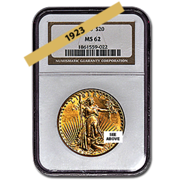 Picture of 1923 $20 Gold Saint Gaudens Double Eagle Coin MS62 *