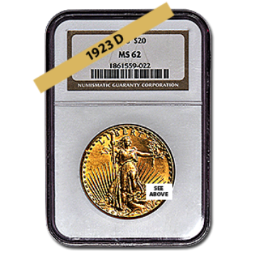 Picture of 1923D $20 Gold Saint Gaudens Double Eagle Coin MS62 