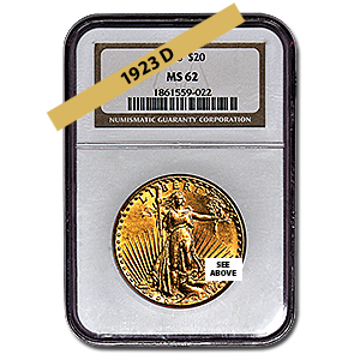 Picture of 1923D $20 Gold Saint Gaudens Double Eagle Coin MS62