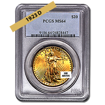 Picture of 1923D $20 Gold Saint Gaudens Double Eagle Coin MS64 