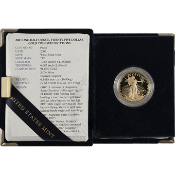 1/2 oz proof american gold eagle, random year, w/ coa, gold bullion, gold coin, gold bullion coin