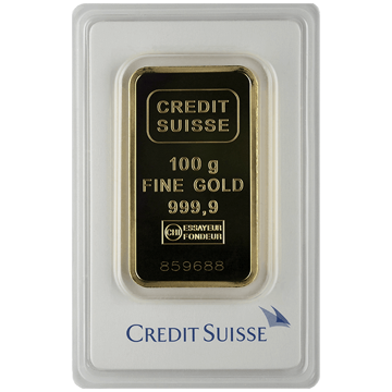 100 gram credit suisse gold bar w/ assay, gold bullion, gold bar, gold bullion bar