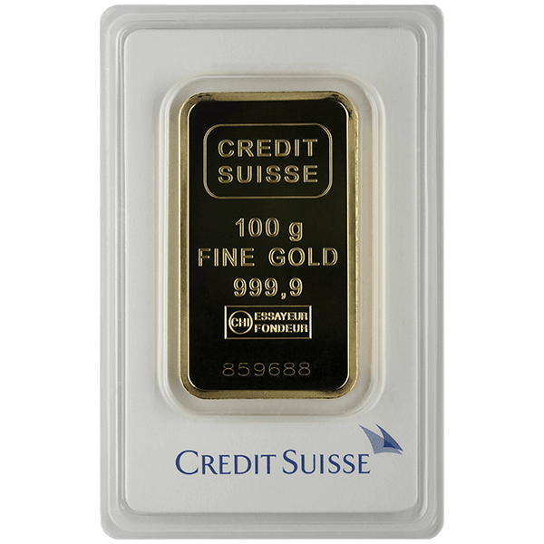 100 gram credit suisse gold bar w/ assay, gold bullion, gold bar, gold bullion bar