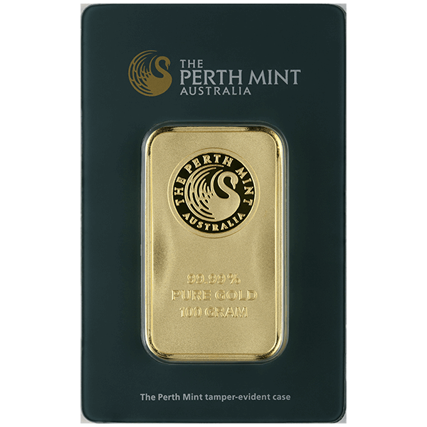 100 gram perth mint gold bar w/ assay, gold bullion, gold bar, gold bullion bar