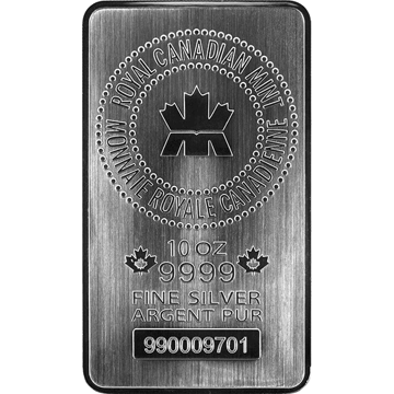 10 oz rcm royal canadian mint silver bar, silver bullion, silver bar, silver bullion bar