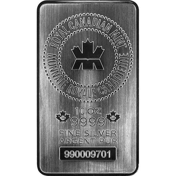 10 oz rcm royal canadian mint silver bar, silver bullion, silver bar, silver bullion bar