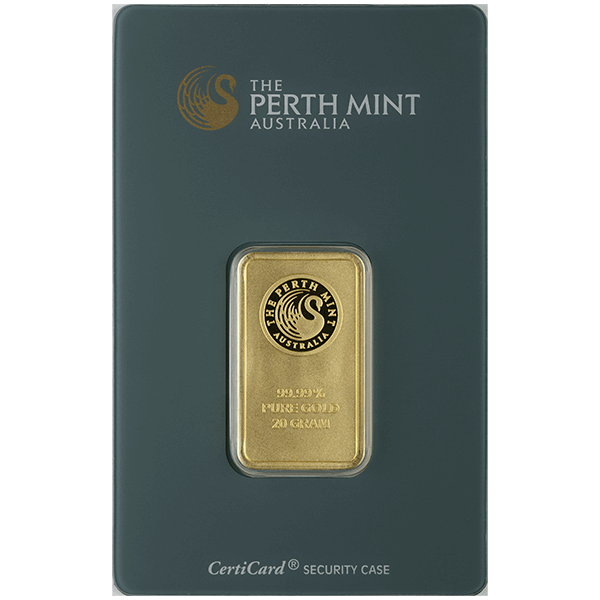 20 gram perth mint gold bar w/ assay, gold bullion, gold bar, gold bullion bar