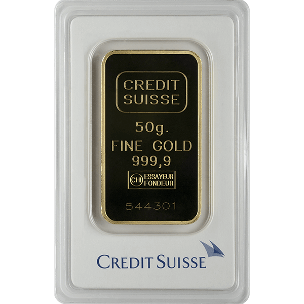 50 gram credit suisse gold bar w/ assay, gold bullion, gold bar, gold bullion bar