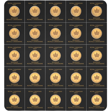 2019 25 gram canadian gold maplegram, 25 x 1 gram, w/ assay, random year, gold bullion, gold coin, gold bullion coin