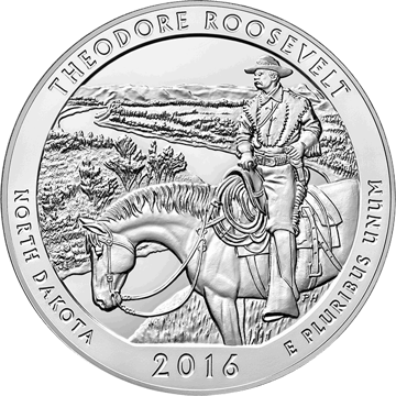 2016 5 oz america the beautiful - theodore roosevelt national park silver coin quarter, silver bullion, silver coin, silver bullion coin