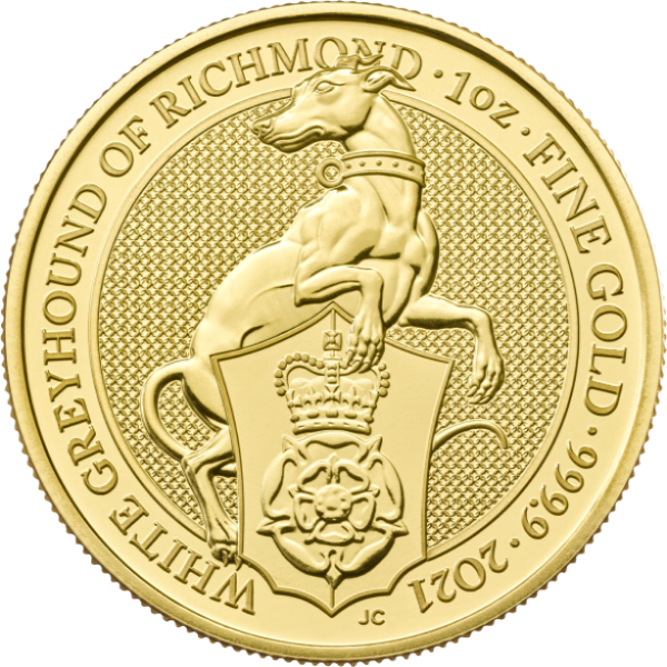 2021 1 oz british gold queen’s beast white greyhound coin, gold bullion, gold coin, gold bullion coin