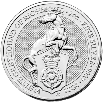 2021 2 oz silver queens beast white greyhound of richmond coin, silver bullion, silver coin, silver bullion coin