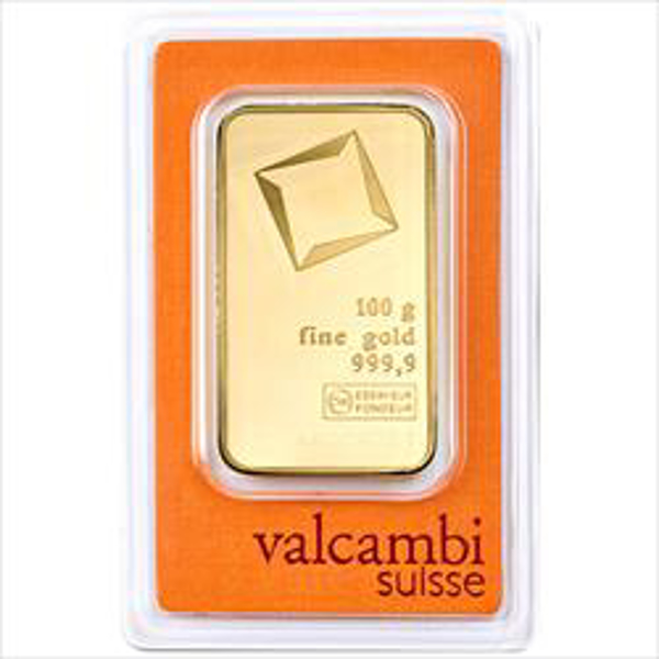 100 gram valcambi gold bar, w/ assay, gold bullion, gold bar, gold bullion bar