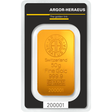 50 gram argor-heraeus gold bar w/ assay, gold bullion, gold bar, gold bullion bar