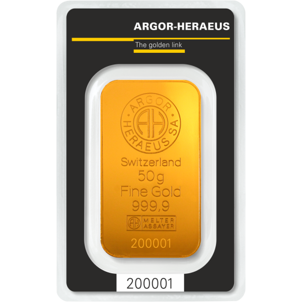 50 gram argor-heraeus gold bar w/ assay, gold bullion, gold bar, gold bullion bar