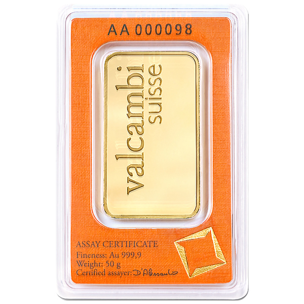 50 gram valcambi gold bar w/ assay, gold bullion, gold bar, gold bullion bar
