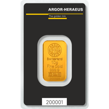 10 gram argor-heraeus gold bar w/ assay, gold bullion, gold bar, gold bullion bar