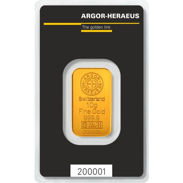 10 gram argor-heraeus gold bar w/ assay, gold bullion, gold bar, gold bullion bar