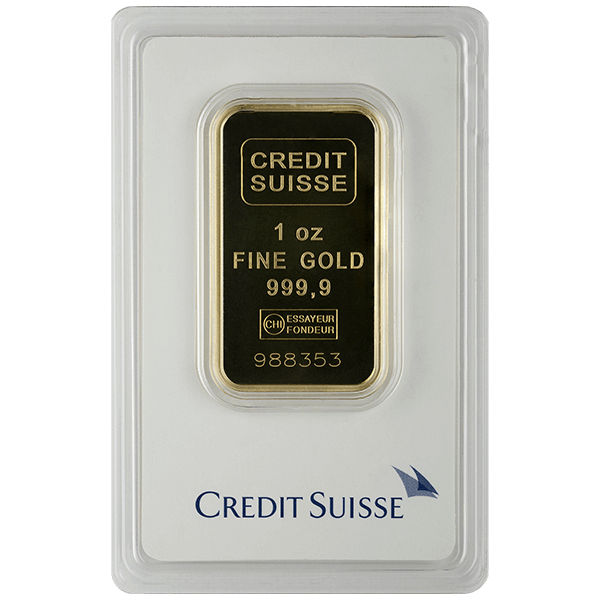 1 oz credit suisse gold bar, w/ assay, gold bullion, gold bar, gold bullion bar