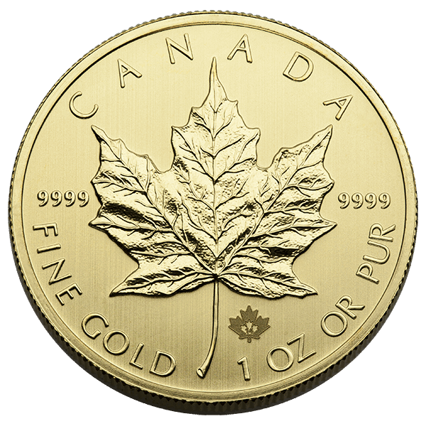 1 oz canadian gold maple leaf coin, .9999 fine gold, random year, gold bullion, gold coin, gold bullion coin