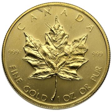 1 oz canadian gold maple leaf coin, .999 pure gold, scuffed random year, gold bullion, gold coin, gold bullion coin