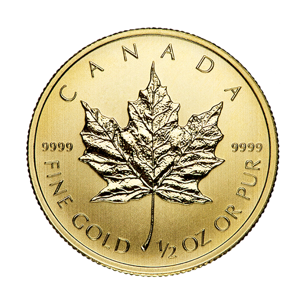 1/2 oz canadian gold maple leaf coin, random year, gold bullion, gold coin, gold bullion coin