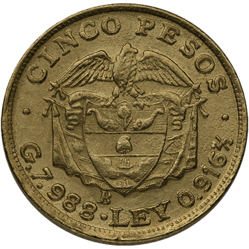 5 peso colombian gold coin, random year, gold bullion, gold coin, semi-numismatic gold coin