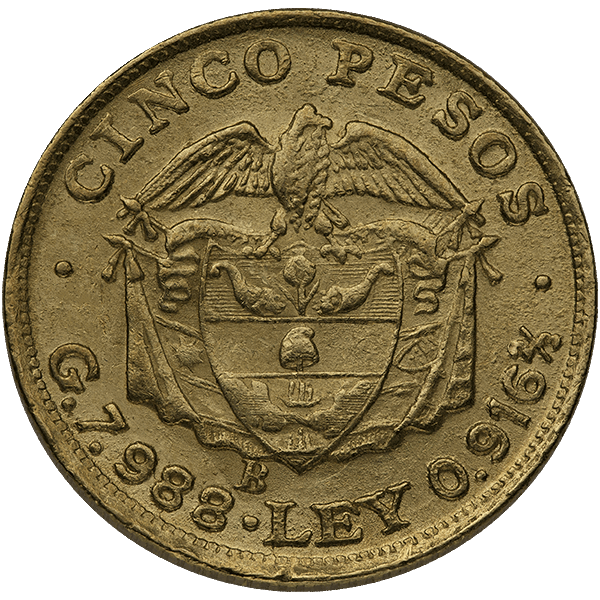 5 peso colombian gold coin, random year, gold bullion, gold coin, semi-numismatic gold coin