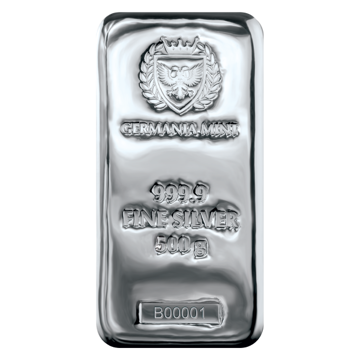 500 gram germania mint cast silver bar, silver bullion, silver bar, silver bullion bar