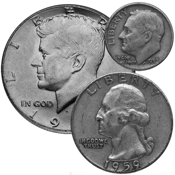90% silver coins $100 face value, circulated, pre 1965 coins, silver bullion, silver coin, silver bullion coin