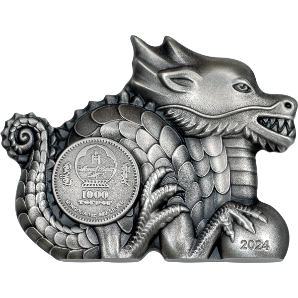 Picture of 2024 1 oz Mongolia Silver Lunar Great Dragon Coin (Antique, Ultra High Relief)
